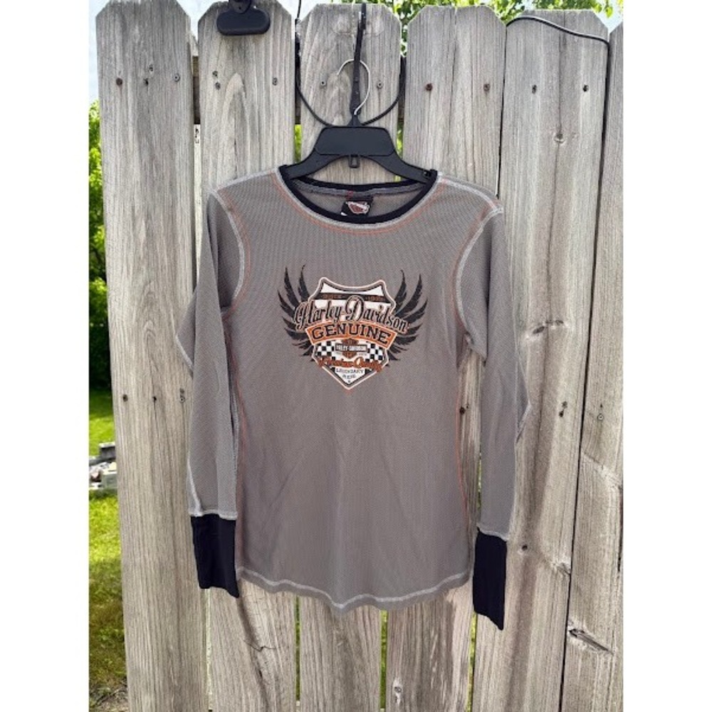 Harley-Davidson Womens Grey Waffle Knit Thermal Long Sleeve Shirt Small Graphic